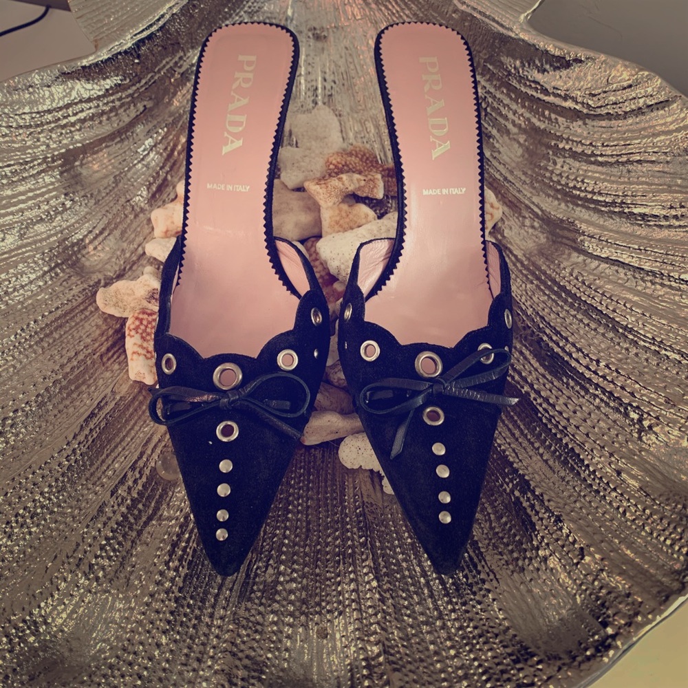 Prada pointed heels with Silver Gromet detail